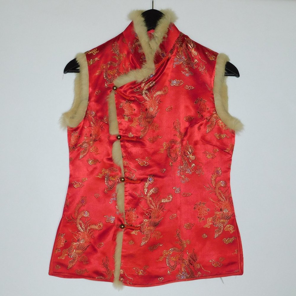 Vintage QIPAO Women's Asian Classic Top Satin and Fur Sleeveless Blouse Size M